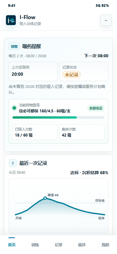I-Flow 首页截图，展示吸药提醒、药物余量和最近一次记录