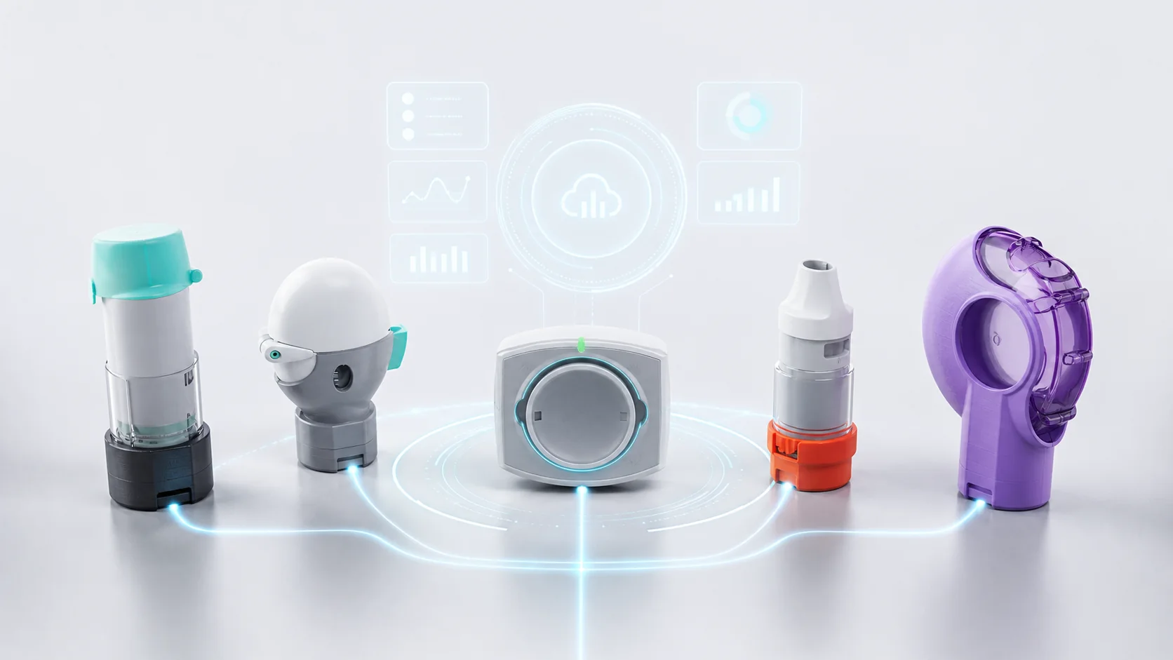 多种吸入器适配形态连接到 I-Flow 平台中枢的产品能力示意图